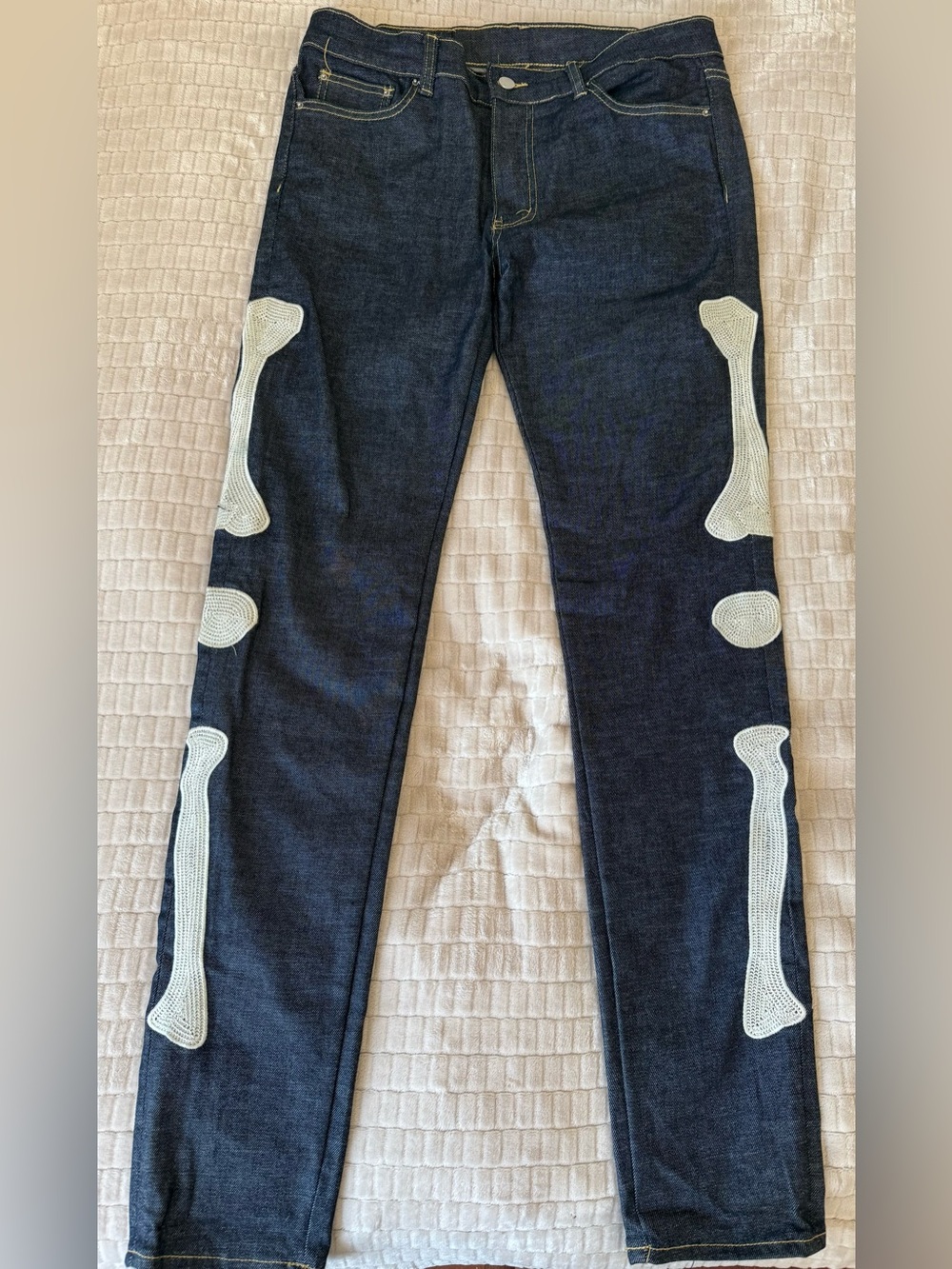 MNML Dark Blue Slim Jeans with White Bone Appliqués